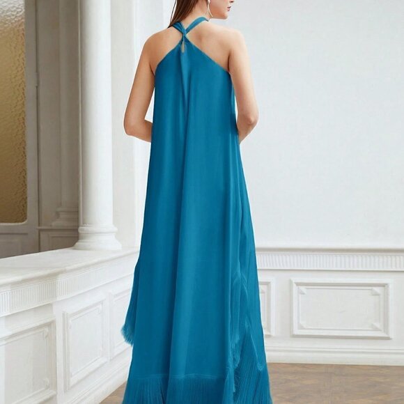 TEAL BLUE PREPPY WOMENS FRINGE HEM CROSS HALTER DRESS - Picture 5 of 5
